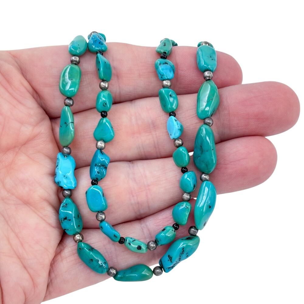 Vintage Sterling Silver 925 Two Strand Turquoise Beaded Necklace 20.5"-22"